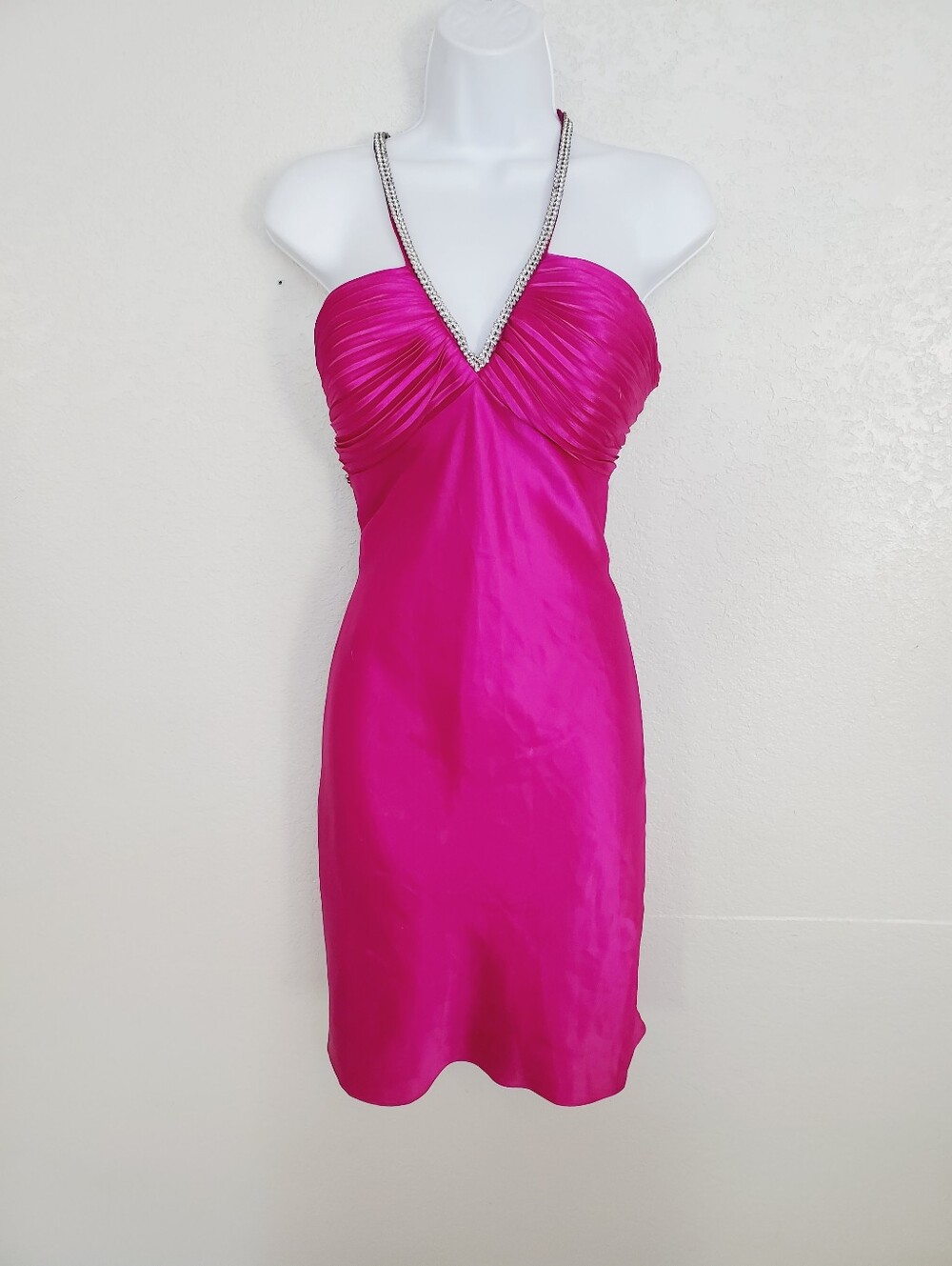 Morgan & Co Hot Fuchsia Pink Satin Slip Dress Rhinestone Cross-Straps Open Black